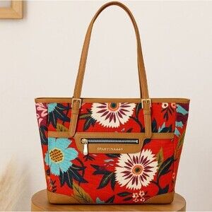 Spartina 449 Floral Canvas Tote Leather Trim Zip Top Shoulder Bag Red